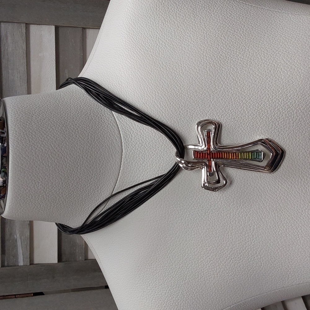 Colorful Cross Pendant Necklace on Multi-Strand Black Cord